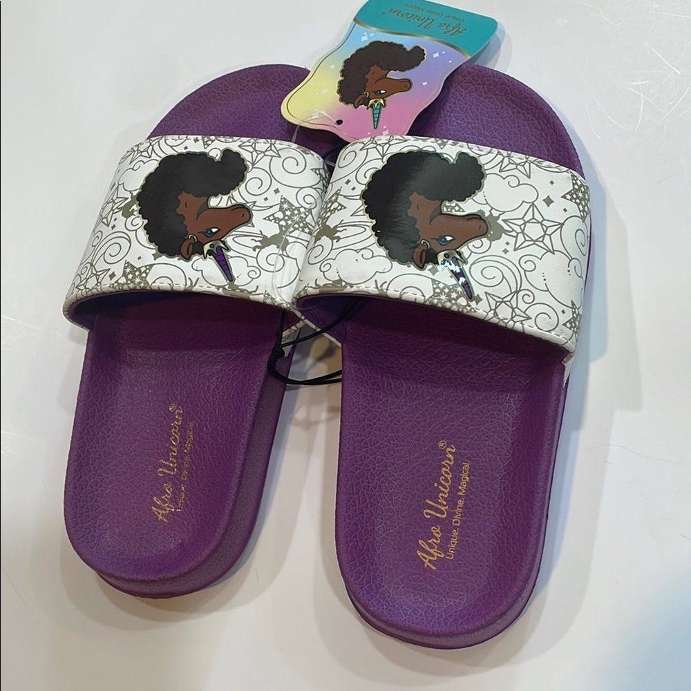 Purple Slide Sandals with Afro Art